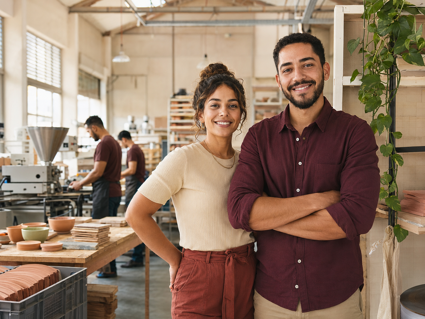 Casal de jovens empreendedores em sua pequena indústria
